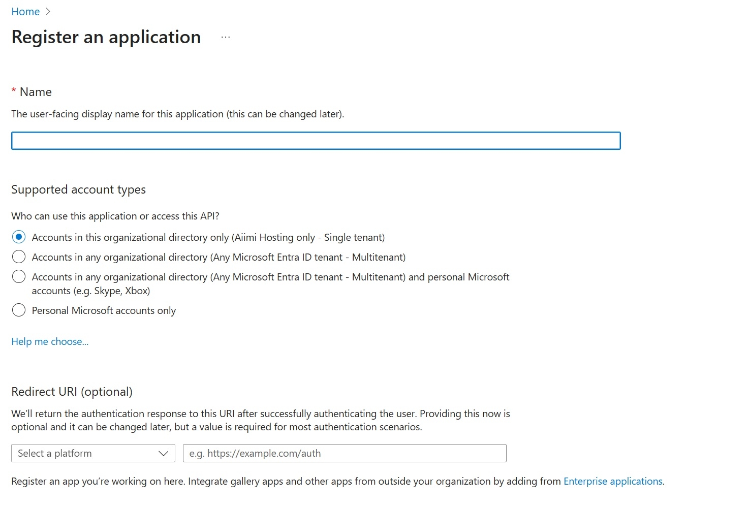 An image of the Register an Application screen on Azure Portal